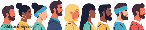 Diverse people profile illustration set, nine individuals with varied hairstyles and clothing, flat vector design, inclusion and community theme, isolated on white background