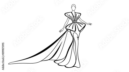 Minimalist fashion illustration of a woman in a voluminous dramatic gown with a long train