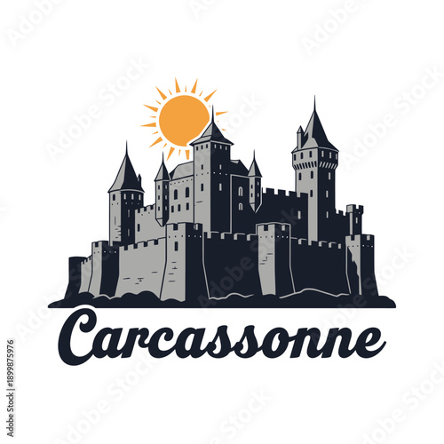 A stylized illustration of Carcassonne castle with a rising sun behind it, featuring dark grey tones and an orange sun.