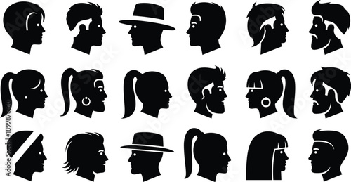 Silhouette profile icon grid, diverse head shapes with hairstyles and accessories, black vector illustration, identity and recognition theme, isolated on white background