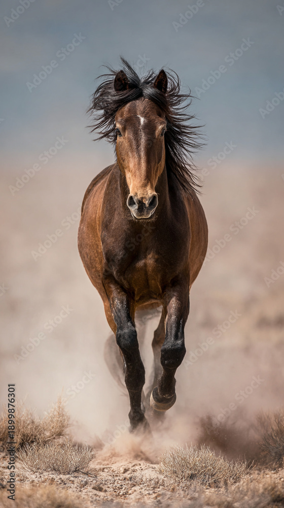 Obraz premium Majestic wild horse galloping through a dusty landscape
