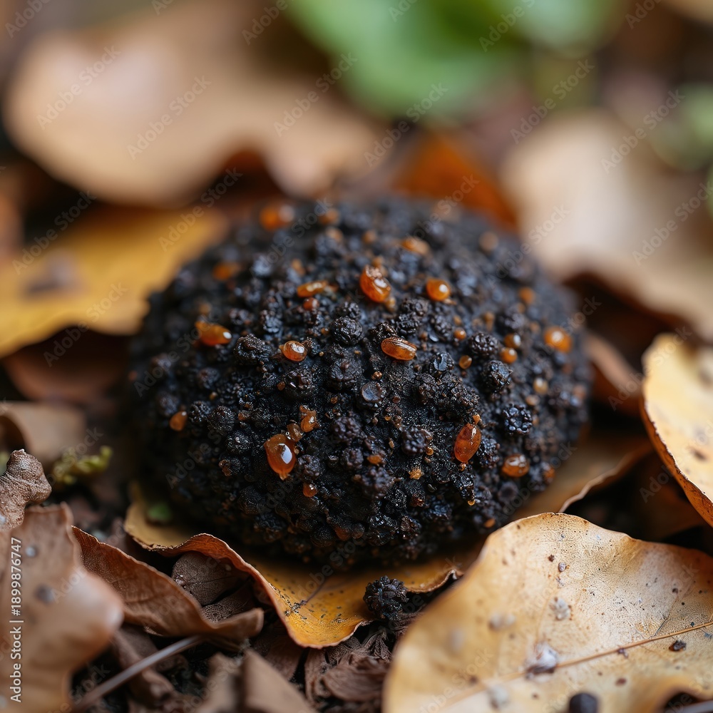 Fototapeta premium Macro shot of hedgehog feces on forest floor. Dark earthy clump with glistening droplets in fallen autumn leaves. Detailed natural texture captures wildlife droppings.