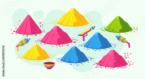Colorful powder piles and water guns for holi festival celebration with vibrant hues and joyful atmosphere