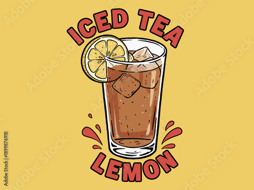 Refreshing Iced Tea with Lemon Slice and Ice Cubes T-Shirt Design. Summer Drink Illustration on Yellow Background.