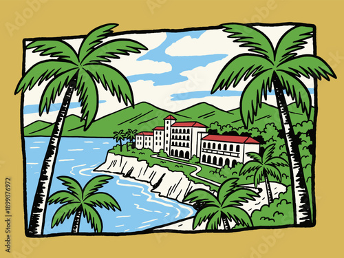 Vintage tropical resort illustration. Mid-century modern style travel poster design featuring palm trees, ocean cliff, and hotel architecture.