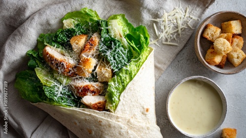 Wallpaper Mural Overhead flat lay of Caesar salad wrap ingredients on neutral linen fabric, chopped romaine, grilled chicken strips, grated parmesan, toasted croutons, creamy dressing in small bowl Torontodigital.ca