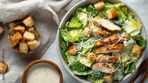 Wallpaper Mural Overhead flat lay of Caesar salad wrap ingredients on neutral linen fabric, chopped romaine, grilled chicken strips, grated parmesan, toasted croutons, creamy dressing in small bowl Torontodigital.ca