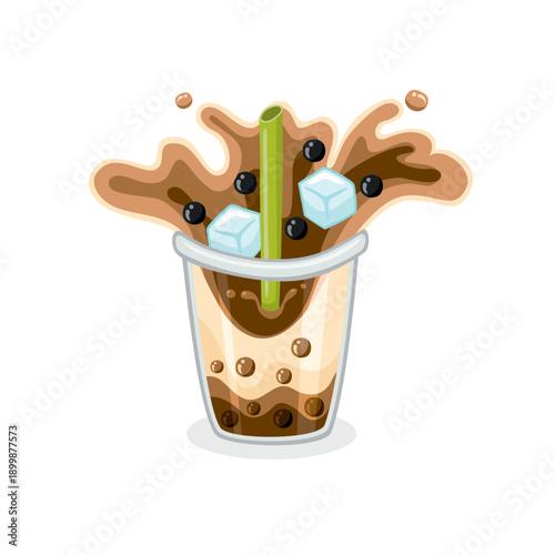 milk tea boba with some ice cubes in a glass