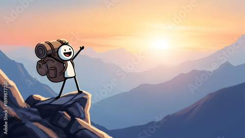 Cartoon character standing on mountain peak at sunset with backpack