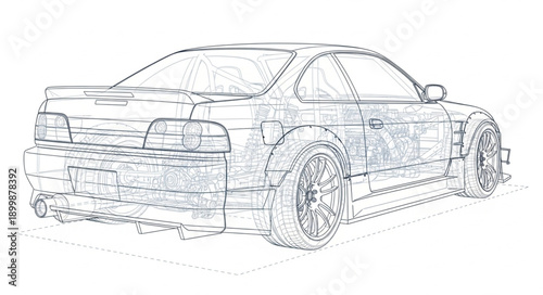 Sketch of a sports car from the rear.