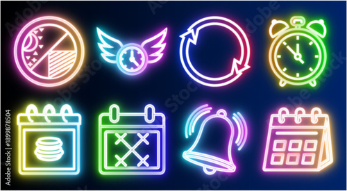 Neon Icons Set Featuring Time Management, Schedule, Alarm, And Calendar Elements For Modern Digital Design