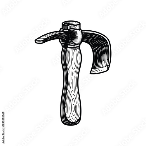 Vintage hand-drawn illustration of a tomahawk axe with a wooden handle, isolated on white background.
