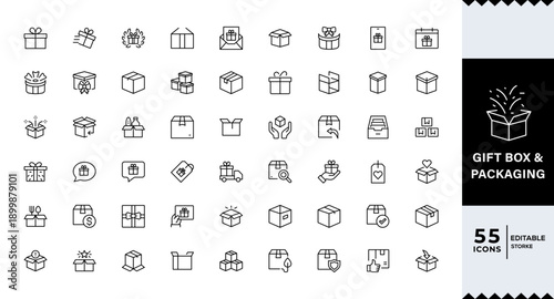  Pixel Perfect,  Box and packaging line icon set. Cargo, open, closed, crumpled box, delivery, pack box and others. Outline vector icon in linear style.