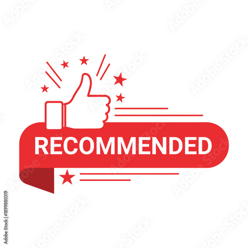 Red Recommended Ribbon Banner With Thumbs Up Icon And Stars Vector Illustration