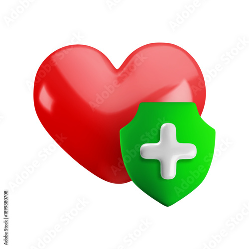 Vector cartoon 3d health protection icon. 3d render of red heart with green shield and medical cross. First aid sign. Antivirus safety, healthcare, immunity, medical insurance symbol for app, design.