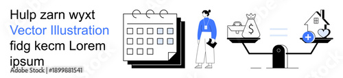 Financial planning, budgeting, decision-making, work-life balance, real estate, savings. A businesswoman next to a calendar and a scale balancing a money bag and a house. Financial planning