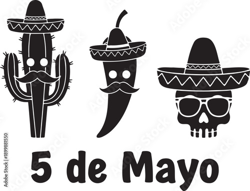 Mexican Cinco De Mayo Celebration Illustration With Cactus Pepper And Skull Characters