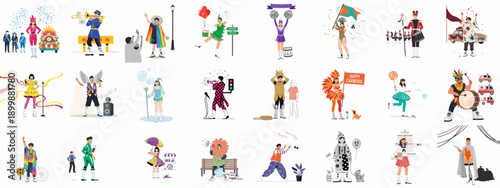 Diverse characters in costumes celebrating carnival, pride, and street festivals, featuring parades, music, and vibrant public performances.