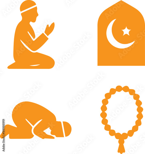 Islamic Prayer and Ramadan Worship Silhouette Icon Set