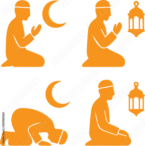 Islamic Prayer and Ramadan Worship Silhouette Icon Set