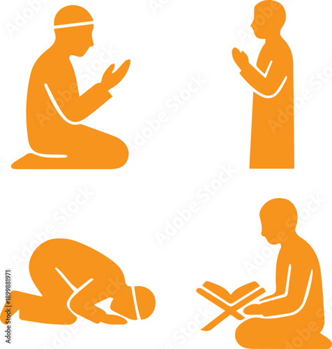 Islamic Prayer and Ramadan Worship Silhouette Icon Set