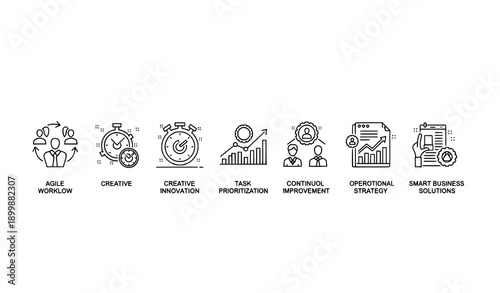 Thin Line Business Optimization and Productivity Icons with Time and Innovation Workflow Symbols