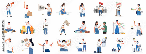 Diverse flat illustration set of activists and volunteers participating in social movements, protest preparation, civil disobedience, media coverage, and community support roles.