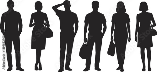 Six silhouetted individuals with varied poses and accessories, showcasing diversity in fashion, posture, and lifestyle against a clean minimalistic white background.