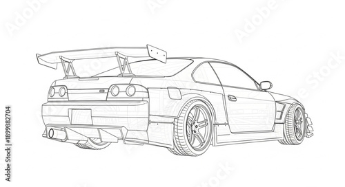 Sports Car Outline Drawing with Dotted Lines.