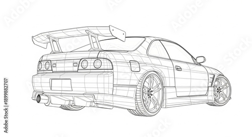 Sports Car Outline Drawing with Dotted Lines.