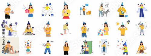Collection of Party Activities and Birthday Celebration Illustrations featuring young adults enjoying games, dancing, gifts, and event planning.