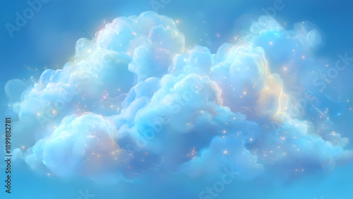 A magical set of glowing luminous clouds with soft ethereal light emanating from within on light blue sky backdrop, vector cartoon illustration