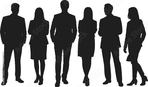 Six silhouetted professionals in mixed formal attire, standing side by side to represent workplace diversity, team unity, and modern corporate identity.