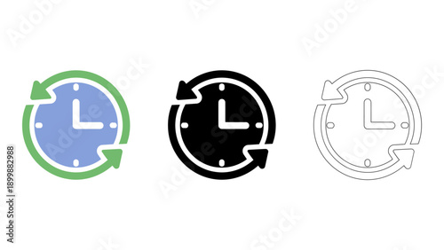 set of three 24-hour clock icons in different colors and line styles, representing continuous service and availability.