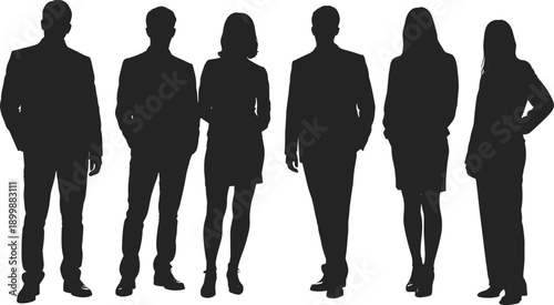 Six silhouetted professionals in varied business attire—suits, skirts, and confident poses—standing side by side to represent workplace diversity and team unity.