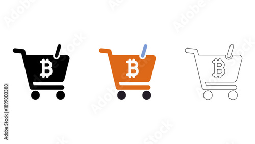 This image represents buying goods and services using Bitcoin, popular digital currency. The three shopping cart icons,