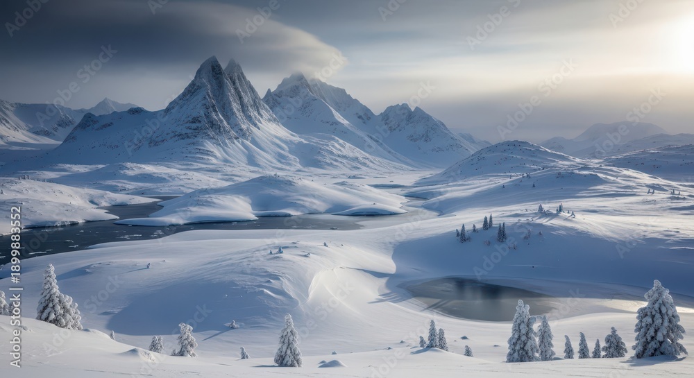 Fototapeta premium Majestic snow covered mountains rise above a frozen, rolling arctic landscape under bright winter sunlight.