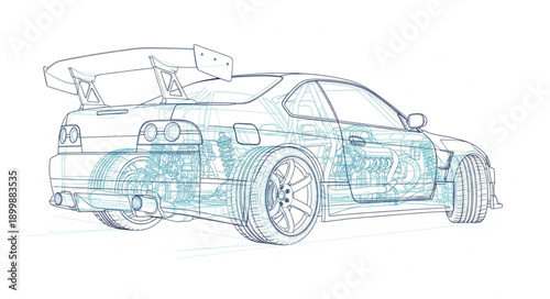 Sports Car Blueprint Outline Drawing.