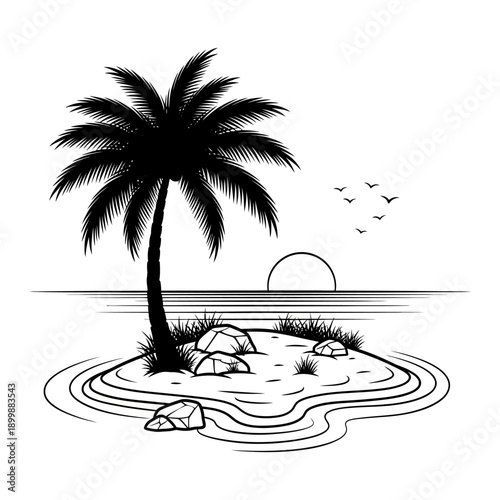 Serene Tropical Island Silhouette at Sunset with Palm Tree and Ocean Waves