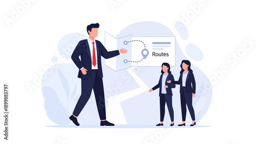 Business leader pointing at map with routes and team following