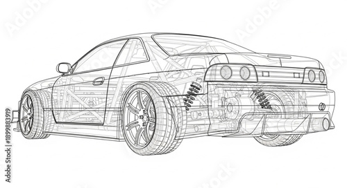 Sports Car Blueprint Wireframe Sketch.