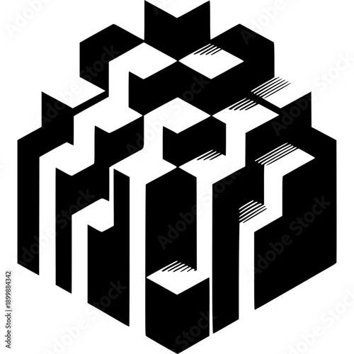 Isometric Maze Illusion: A captivating black and white geometric design forms an isometric maze, a visual riddle that challenges the observer's spatial perception.