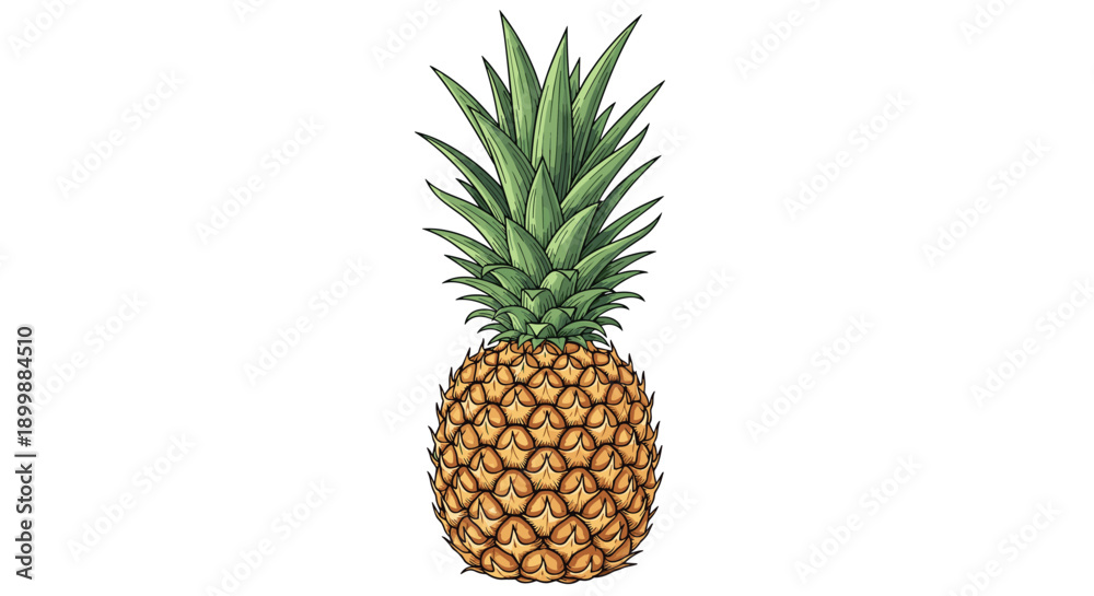 Fototapeta premium Vibrant, detailed illustration of a whole ripe pineapple with its green leafy crown, isolated on a clean white background.