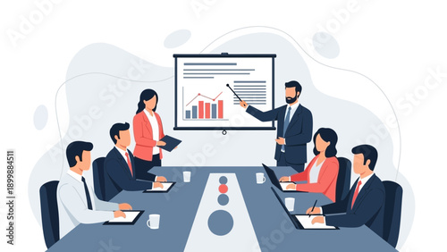 Business meeting with presentation chart on screen, diverse team collaborating at table