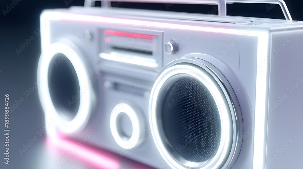 Obraz premium A stylized contemporary boombox features vibrant neon white and pink illumination highlighting its retro futuristic design with prominent speakers perfect for music and entertainment themes