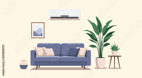 Modern living room interior with a blue sofa, house plants, an air conditioner, and a picture frame in a flat design style.