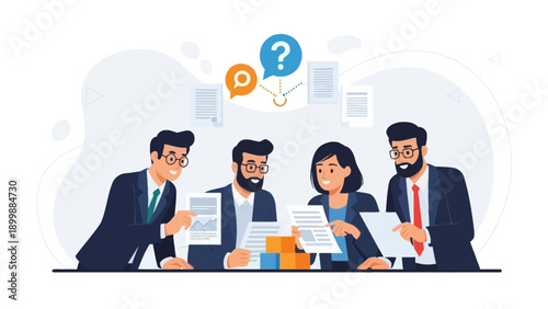 Business Meeting with Question Mark Symbol, Team Discussing Documents and Ideas