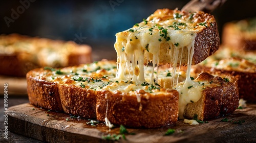 Wallpaper Mural Garlic bread with cheese pull moment, slice lifted showing melted mozzarella stretch, dark moody background, cinematic food photography Torontodigital.ca