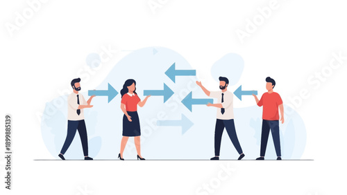 Business team exchanging ideas and information with arrows