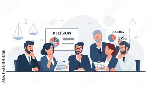 Business Team Meeting Deciding Strategy with Charts and Scales of Justice